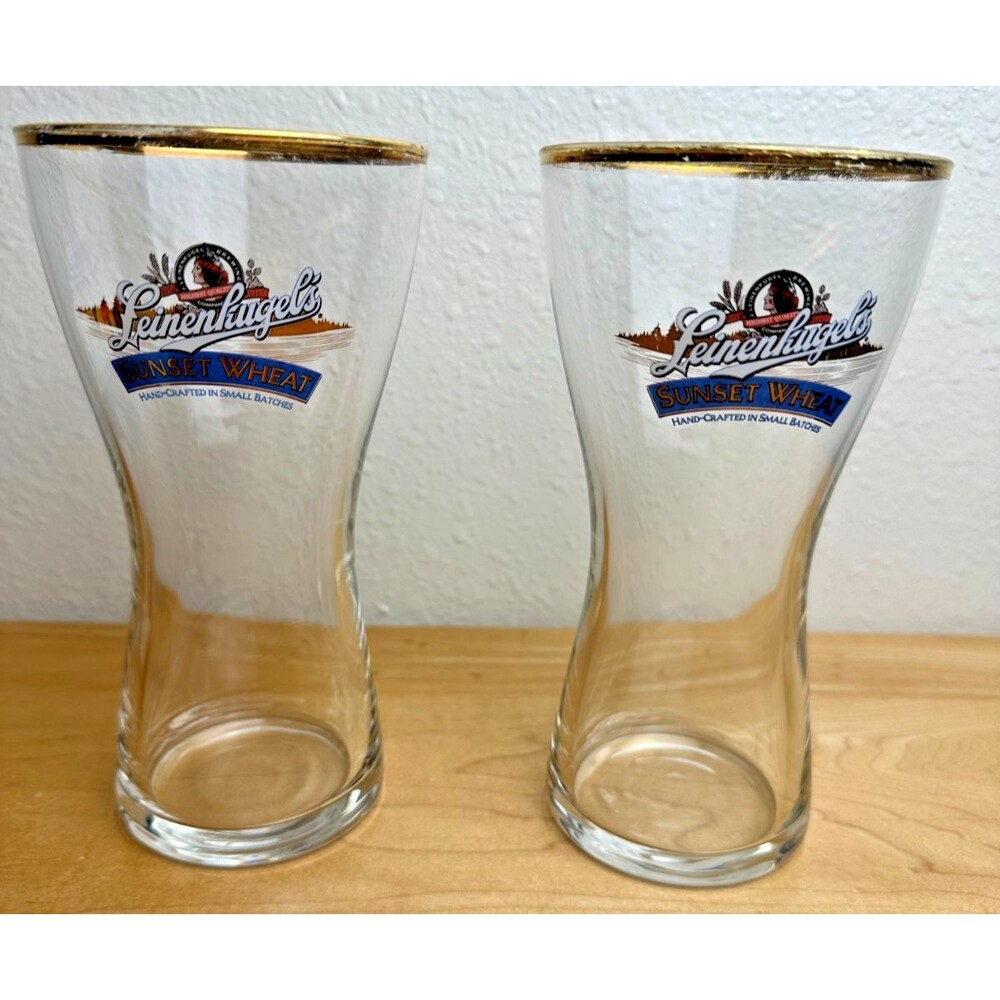 Vintage Leinenkugel's Sunset Wheat Pilsner Beer Glass, Set of 2, Gold Rim 14oz.